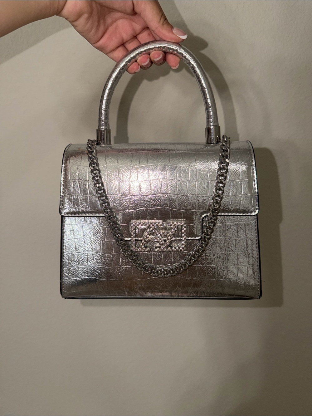 ALDO Metallic Silver Structured Top-Handle Bag with Chain Strap